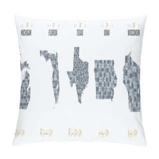 Personality  Vector Set 6 Of 10 Highly Detailed Silhouettes Of US State Maps, Divided Into Counties With Names And Territory Nicknames Pillow Covers