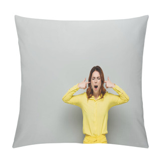 Personality  Irritated Woman Plugging Ears While Standing With Closed Eyes On Grey Pillow Covers