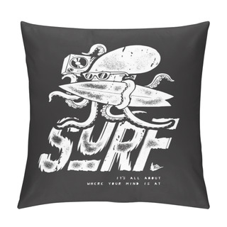 Personality  Octopus Surfing With Boombox Distressed Vintage Typography Silkscreen T-shirt Print Vector Illustration. Pillow Covers