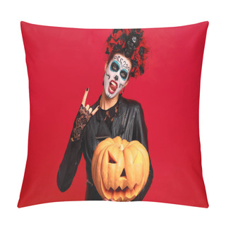 Personality  Halloween Party Girl. Happy Girl With Sugar Skull Makeup With A Wreath Of Flowers On Her Head And Skull, Wearth Lace Gloves And Leather Jacket, Holds A Big Jack-o-lantern Pumpkin Isolated On Red. Pillow Covers