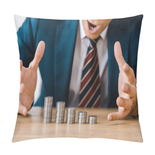 Personality  Close Up Of Surprised Businessman Looking At Silver Coins At Wooden Table Pillow Covers