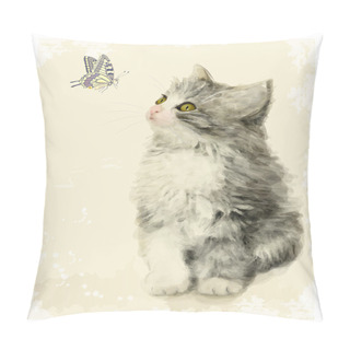 Personality  Vintage Greeting Card With Fluffy Kitten And Butterfly. Imitati Pillow Covers