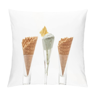 Personality  Fresh Crispy Sweet Waffle Cones And Pistachio Ice Cream Isolated On White Pillow Covers
