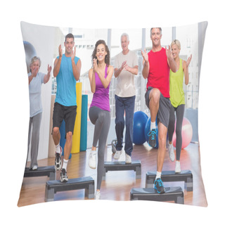 Personality  People Performing Step Aerobics Exercise In Gym Pillow Covers