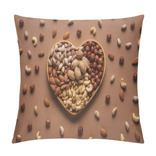 Personality  Flat Lay With Heart Shaped Box With Different Nuts Assortment On Brown Tabletop Pillow Covers