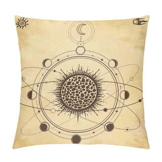 Personality  Mystical Drawing: Stylized Solar System, Orbits Of Planets, Phases Of The Moon. Sacred Geometry. Background - Imitation Of Old Paper. Vector Illustration. Print, Poster, T-shirt, Postcard. Pillow Covers