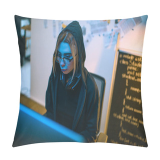 Personality  High Angle View Of Female Hacker Developing Malware Under Blue Light Pillow Covers
