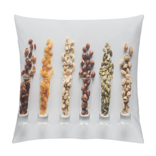Personality  Assorted Delicious Nuts And Raisins In Glass Cups Isolated On White Background Pillow Covers