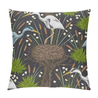 Personality  Seamless Pattern With Heron Bird, Old Tree, Nest And Swamp Plants. Marsh Flora And Fauna. Isolated Elements Vintage Hand Drawn Vector Illustration In Watercolor Style Pillow Covers