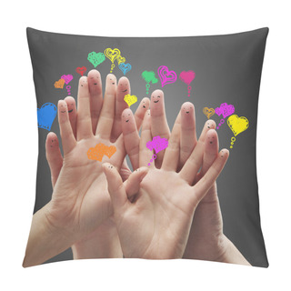 Personality  Group Of Happy Finger Smileys With Love Heart Speech Bubbles Pillow Covers