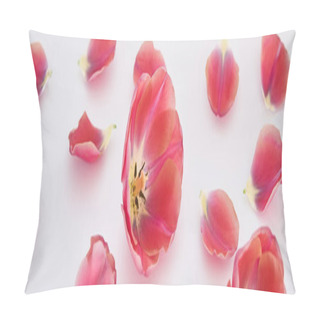 Personality  Pink Tulips And Petals Scattered On White Background, Panoramic Shot Pillow Covers
