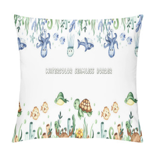 Personality  Underwater Creatures, Sea Turtle, Shark, Octopus, Algae, Corals. Watercolor Seamless Border Pillow Covers