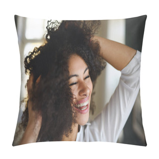 Personality  Close-up Portrait Of Young Woman Indoors, Feeling Excited. Pillow Covers