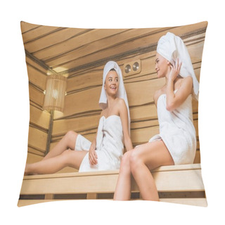 Personality  Beautiful Young Women Sitting On Sauna Bench And Talking Pillow Covers