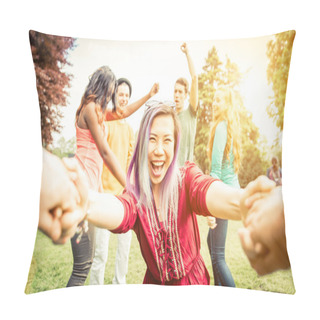 Personality  Group Of Students Making Party In The Park, Follow Me Stance  Pillow Covers