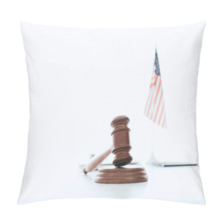 Personality  Selective Focus Of Wooden Gavel With American Flag On Background  Isolated On White  Pillow Covers