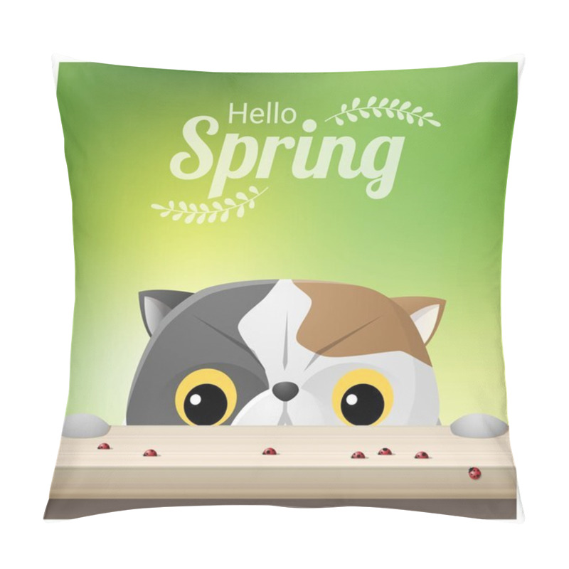 Personality  Hello Spring season background with a cat looking at ladybugs , vector , illustration pillow covers