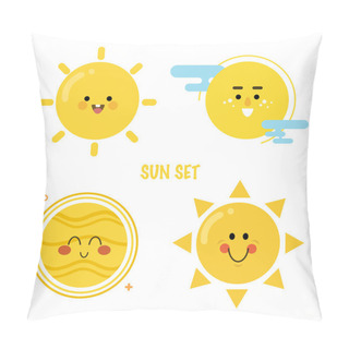 Personality  Sun Icon Set. Smiling Suns Collection.Bright Cartoon Characters. Vector Illustration Pillow Covers