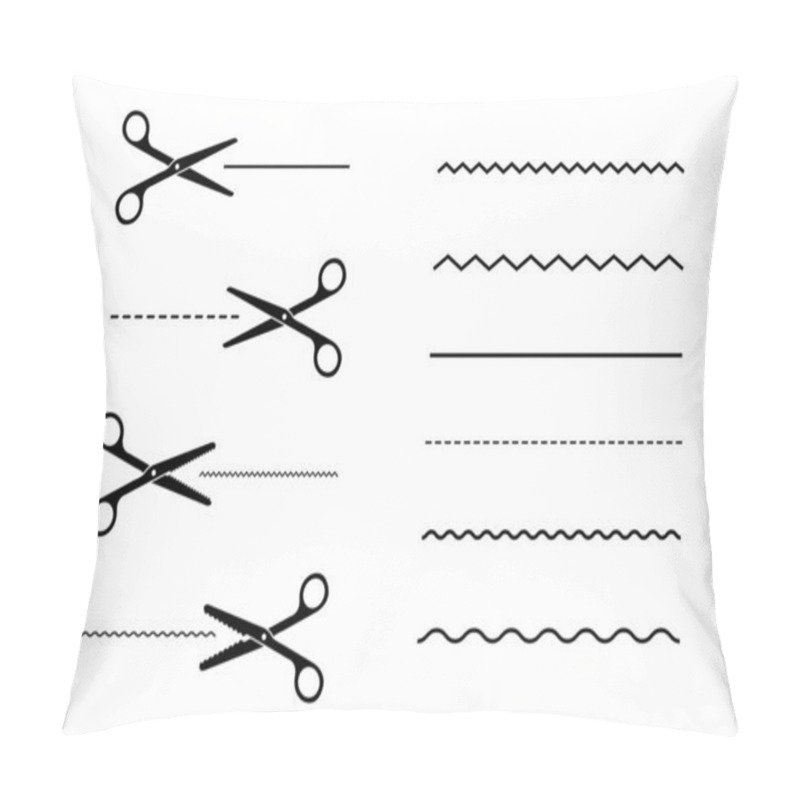 Personality  Icon set of black scissors with a variety of cut lines. Flat vector illustration pillow covers