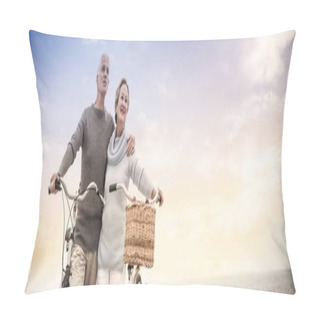 Personality  Happy Senior Couple With Their Bike On The Beach Pillow Covers