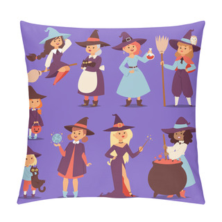 Personality  Cute Little Witch Hag Harridan Vixen With Broom Cartoon Cat For Print On Bag Magic Halloween Card Fantasy Young Girls Character Costume Hat Vector Illustration. Pillow Covers