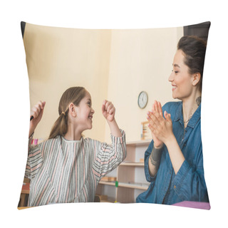 Personality  Happy Teacher Applauding Near Excited Kid Showing Win Gesture In Montessori School Pillow Covers