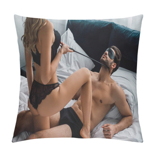 Personality  Dominant Woman Holding Flogging Whip Near Submissive Boyfriend In Eye Mask On Bed Pillow Covers