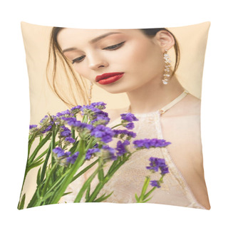 Personality  Young And Attractive Woman Holding Purple Limonium Flowers Isolated On Beige  Pillow Covers