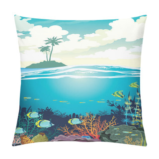 Personality  Beautiful Coral Reef With Fishes And Underwater Creatures On A Blue Sea And Silhouette Of Island With Palm Tree On A Cloudy Sky. Vector Underwater Seascape Illustration. Ocean Wildlife. Pillow Covers