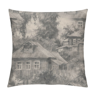 Personality  Seamless Pattern With Houses In Village, Countryside Landscape, Hand Drawn Illustration Sketch. Pillow Covers