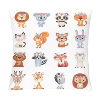 Personality  Cute Summer And Spring Animals Collection , Flower Wreath On White Background Pillow Covers