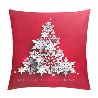 Personality  Christmas And New Years Card With Christmas Tree Made Of Decorative Cutout Snowflakes On The Bright Red Background. Pillow Covers