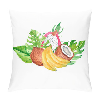 Personality  Watercolor Bouquet With Banana, Coconut, Pitahaya For Packaging, Fabrics,posters. Bright Print On Clothes.A Tropical Collection Of Fruit For The Decoration Of Cosmetic Products, Citrus Products. Pillow Covers