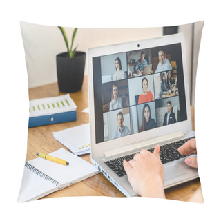 Personality  Woman Is Using App On Laptop For Video Connect Pillow Covers