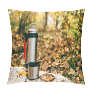 Personality  Metallic Camping Thermos On Beautiful Autumnal Background Pillow Covers