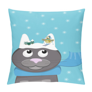 Personality  Snow-cat With Skiing Bird Pillow Covers