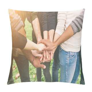 Personality  Multiracial Group Of Friends With Hands In Stack, Teamwork Pillow Covers