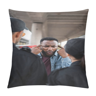 Personality  Angry African American Victim Showing You Are Insane Gesture While Arguing With Police Officers On Blurred Foreground Outdoors Pillow Covers
