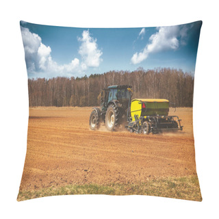 Personality  Farming - Farmer With Tractor On The Field Seeding Sowing Crops  Pillow Covers