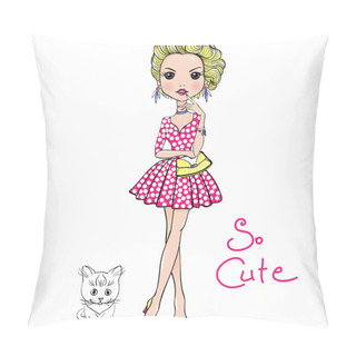 Personality  Vector Pop Art Cute Fashion Girl With Cat Pillow Covers