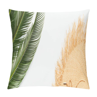 Personality  Top View Of Green Palm Leaves Near Straw Hat On White Background, Panoramic Shot Pillow Covers