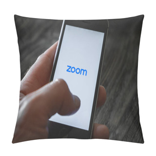 Personality  St. Petersburg, Russia, April 2020: Application For Video Conferencing And Remote Communication ZOOM App At Hand In A Mobile Phone On A Wooden Background Pillow Covers