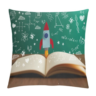 Personality  Open Book With Colorful Rocket On Wooden Table With Math Icons Pillow Covers