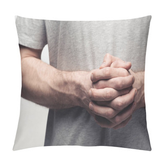 Personality  Cropped View Of Man Standing With Clenched Hands Isolated On Grey, Human Emotion And Expression Concept Pillow Covers