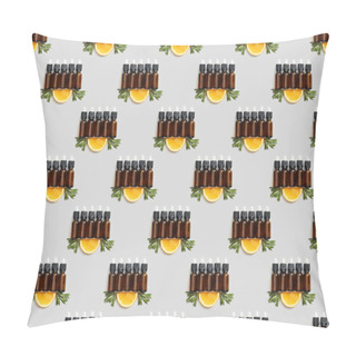 Personality  Top View Of Glass Bottles With Essential Oil And Orange Slice On Grey Pillow Covers