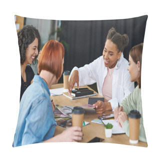 Personality  Joyful African American Woman Pointing At Magazines While Spending Happy Time With Multicultural Girlfriends Near Coffee To Go In Women Club, Common Interests And Knowledge-sharing Concept Pillow Covers