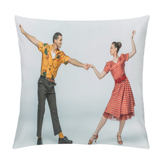 Personality  Elegant Dancers Holding Hands While Dancing Boogie-woogie On Grey Background Pillow Covers