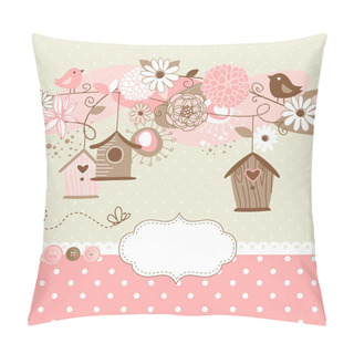 Personality  Spring Background With Bird Houses, Birds And Flowers Pillow Covers