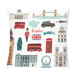 Personality  London Vector Illustration Set. Cartoon United Kingdom Icons. London Tourist Landmarks. Tower Bridge Art. London Symbols Red Phone Booth And Bus. Isolated On White Background Pillow Covers