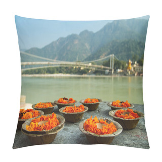 Personality  Puja Flowers Offering At The Bank Of Ganges River In Rishikesh, Pillow Covers